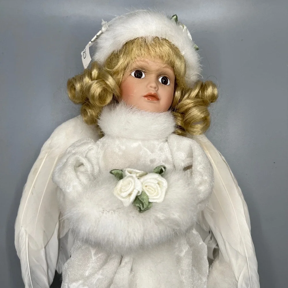 Angel Doll White‎ Porcelain Blonde Hair Wings Christmas Decoration Display